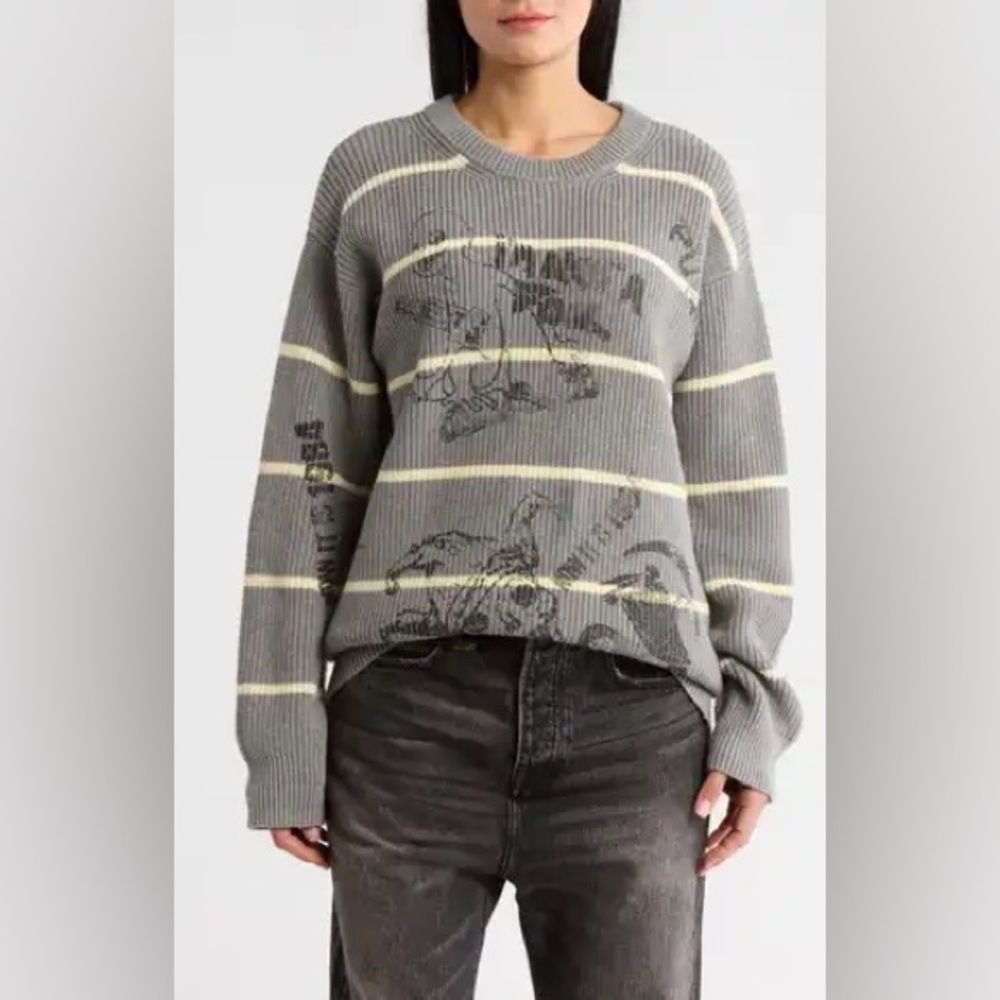 NWT R13 Striped Boyfriend Sweater in Heather Gray‎ With Graphics Size Medium